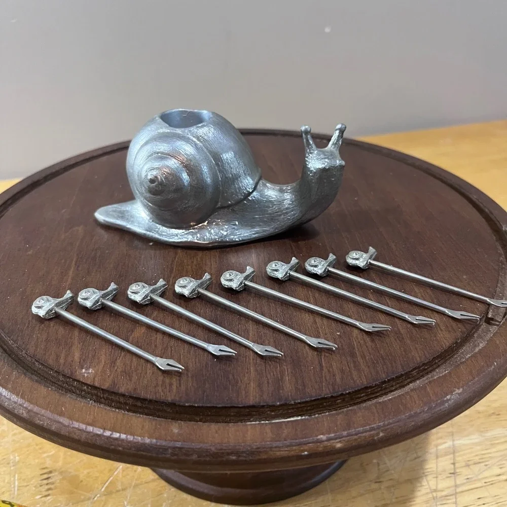 Vtg Silver Metal Snail Cocktail Pick Set 8‎ Piece Appetizer Forks Cottagecore